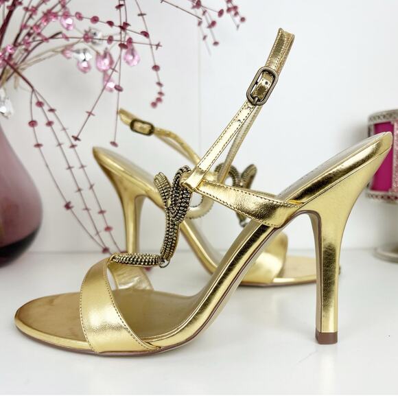 Nine West Stefania Metallic Leather Slingback Stiletto Heels Gold Size 8.5 M - Picture 1 of 16